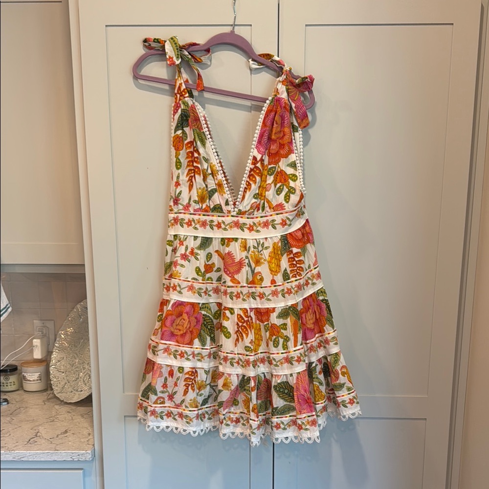 Farm Rio Floral Sleeveless Dress with Lace Trim
